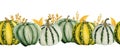 Watercolor hand drawn seamless horizontal border with green pumpkins yellow leaves, organic farmers food ingridient