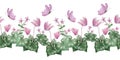 Watercolor hand drawn seamless horizontal border illustration pink violet purple cyclamen wild flowers butterflies Royalty Free Stock Photo