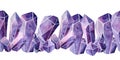 Watercolor hand drawn seamless horizontal border illustration set of violet purple lavender gemstone cystals percious