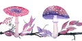 Watercolor hand drawn seamless horizontal border with purple pink mushrooms, forest leaves herbs. Witch wood Halloween Royalty Free Stock Photo