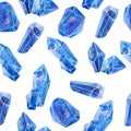 Watercolor hand drawn seamless patern illustration set of blue gemstone cystals percious semiprecious minerals with Royalty Free Stock Photo