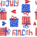 Watercolor hand drawn seamless patriotic american pattern with 4th of july balloons hearts hat flowers. Fourth of july