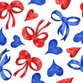 Watercolor hand drawn seamless patriotic american pattern with 4th of july balloons hearts hat flowers. Fourth of july Royalty Free Stock Photo