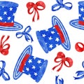 Watercolor hand drawn seamless patriotic american pattern with 4th of july balloons hearts hat flowers. Fourth of july Royalty Free Stock Photo