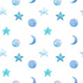 Watercolor hand drawn seamless pattern with abstract blue stars and moon isolated on white background. Outer space print Royalty Free Stock Photo