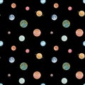 Watercolor hand drawn seamless pattern with abstract planets of solar system isolated on black background. Royalty Free Stock Photo