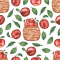 Watercolor hand drawn seamless pattern with  apple flowers, leaves and red apples. beauttiful modern background Royalty Free Stock Photo