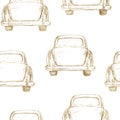 Watercolor hand drawn seamless pattern / background. Wedding romantic illustration on white background - vintage gold car Royalty Free Stock Photo