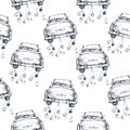 Watercolor hand drawn seamless pattern / background. Wedding romantic illustration on white background - vintage retro cabriolet Royalty Free Stock Photo