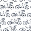 Watercolor hand drawn seamless pattern / background. Wedding romantic illustration on white background - vintage tandem bicycle