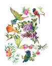 Watercolor hand drawn seamless pattern with beautiful flowers and colorful birds on white background. Royalty Free Stock Photo