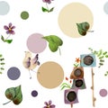 Watercolor hand drawn seamless pattern with birdhouses, birds, flowers, circles, plants, isolated on white background Royalty Free Stock Photo