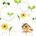 Watercolor hand drawn seamless pattern with birdhouses, birds, flowers, circles, plants, isolated on white background Royalty Free Stock Photo