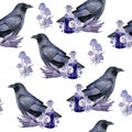 Watercolor hand drawn seamless pattern with black raven bird purple witch forest herbs, leaves. Spooky horror witchcraft