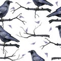 Watercolor hand drawn seamless pattern with black raven bird purple witch forest herbs, leaves. Spooky horror witchcraft