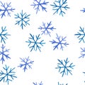 Watercolor hand drawn seamless pattern with blue elegant snowflakes for Christmas new year design wrapping paper textile