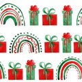 Watercolor hand drawn seamless pattern boho festive rainbows gifts presents boxes. Green red christmas elements on white Royalty Free Stock Photo