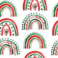 Watercolor hand drawn seamless pattern boho rainbows hearts .Green red christmas elements on white background, festive