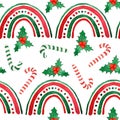 Watercolor hand drawn seamless pattern with boho rainbows holly candy sticks. Green red christmas elements on white