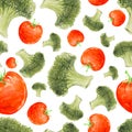 Watercolor hand drawn seamless pattern with broccoli and tomatoes. Royalty Free Stock Photo