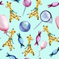 Watercolor hand drawn seamless pattern on a childrenÃ¢â¬â¢s theme with giraffe, ball, balloon, butterfly net and candies on a mint