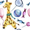 Watercolor hand drawn seamless pattern on a childrenÃ¢â¬â¢s theme with giraffe, ball, balloon, butterfly net and candies on a mint