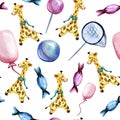 Watercolor hand drawn seamless pattern on a childrenÃ¢â¬â¢s theme with giraffe, ball, balloon, butterfly net and candies on white
