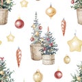 Watercolor hand drawn seamless pattern with Christmas tree decorated with icicles, balls, lights. New Year tree in the Royalty Free Stock Photo