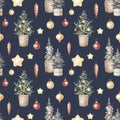 Watercolor hand drawn seamless pattern with Christmas tree decorated with icicles, balls, lights. New Year tree in the Royalty Free Stock Photo