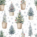 Watercolor hand drawn seamless pattern. Christmas tree decorated with balls, icicles, wicker basket, lights, snowflakes Royalty Free Stock Photo