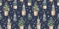 Watercolor hand drawn seamless pattern. Christmas tree decorated with balls, icicles, wicker basket, lights, snowflakes Royalty Free Stock Photo