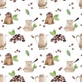 Watercolor hand drawn seamless pattern with coffee copper pot, turkish cezve, beans, leaves, jute bags. Isolated on