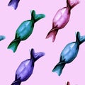 Watercolor hand drawn seamless pattern with colorful candies: blue, violet, turquoise and pink on bright pink background