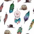 Watercolor hand drawn seamless pattern with colorful feathers, backpack, hat and dream catcher on white background. Bright pattern Royalty Free Stock Photo