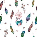 Watercolor hand drawn seamless pattern with colorful feathers, cotton branches and dreamcatcher on white background