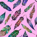 Watercolor hand drawn seamless pattern with colorful feathers on pink background. Bright pattern in boho style is perfect for Royalty Free Stock Photo