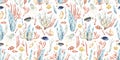 Watercolor Hand Drawn Seamless Pattern, Colorful Illustration Of Sea Underwater Plants, Fish, Seaweeds, Ocean Coral Reef