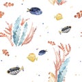 Watercolor hand drawn seamless pattern, colorful illustration of sea underwater plants, fish, seaweeds, ocean coral reef