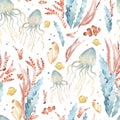 Watercolor hand drawn seamless pattern, colorful illustration of sea underwater plants, jellyfish, fish, seaweeds, ocean