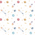 Watercolor hand drawn seamless pattern with colorful outer space objects space ships, rocket, planets, stars, comets, moon etc i
