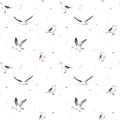 Watercolor hand drawn seamless pattern with cute illustration of flying gull birds, seagulls and colorful dots. Marine Royalty Free Stock Photo
