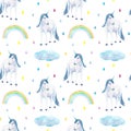 Watercolor hand drawn seamless pattern with cute unicorn, rainbow, clouds and multi colored rain drops isolated on white backgroun Royalty Free Stock Photo