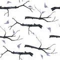 Watercolor hand drawn seamless pattern with dark branch purple witch forest herbs, leaves. Spooky horror witchcraft