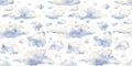 Watercolor hand drawn seamless pattern with delicate beautiful illustration of blue clouds, silhouettes flying birds Royalty Free Stock Photo