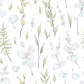 Watercolor hand drawn seamless pattern with delicate natural illustration of green branches, fern twigs, herbs, foliage Royalty Free Stock Photo