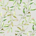 Watercolor hand drawn seamless pattern with different type of green leaves and branches. Royalty Free Stock Photo