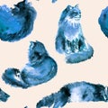 Watercolor hand drawn seamless pattern of fluffy blue cat in different poses: lazy, lying, dreaming, sleeping on a beige Royalty Free Stock Photo