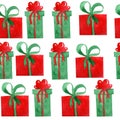 Watercolor hand drawn seamless pattern with gift boxes presents bows ribbons. Green red christmas elements on white Royalty Free Stock Photo