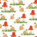 Watercolor hand drawn seamless pattern illustration of amanita muscaria mushrooms with red caps in forest wood woodland