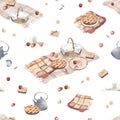 Watercolor hand drawn seamless pattern with illustration of autumn picnic elements - harvest, apples, wicker basket Royalty Free Stock Photo